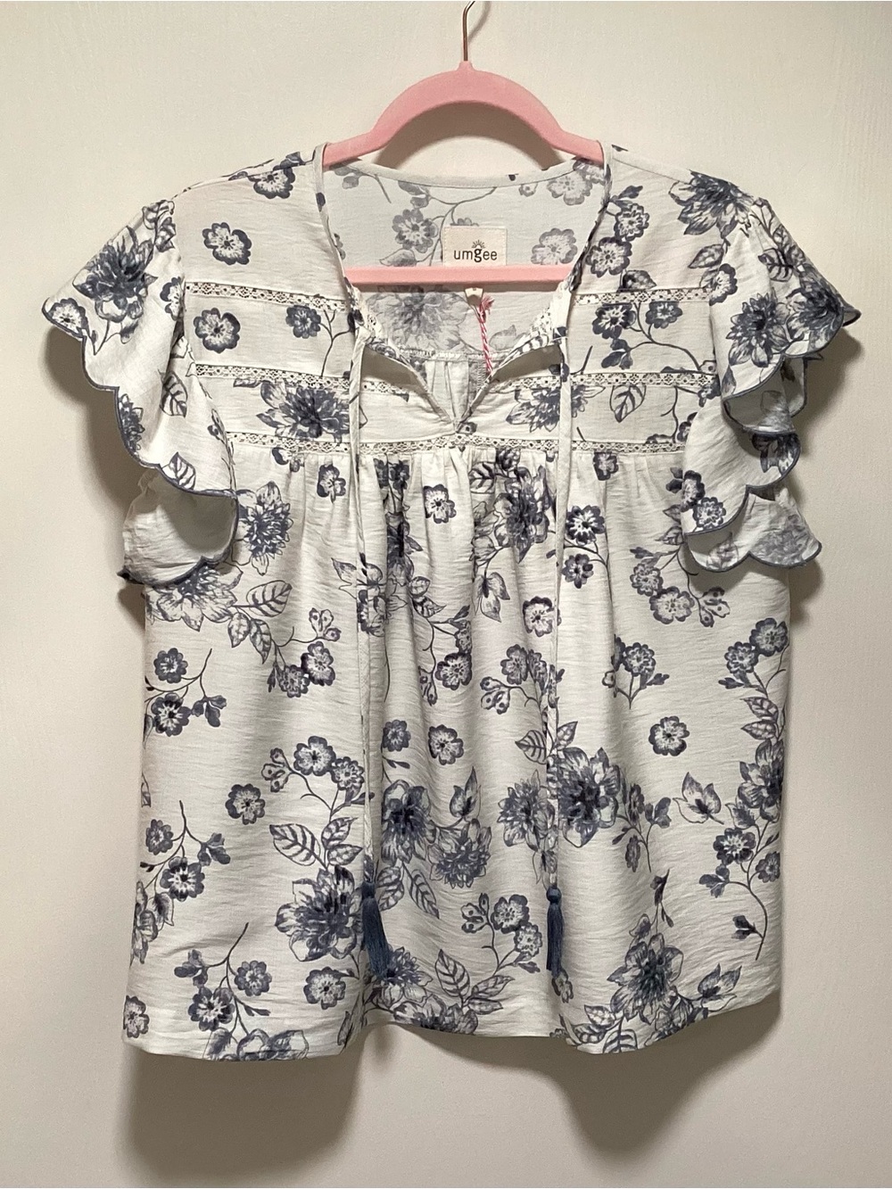 Umgee White Top with Navy Floral Print and Ruffle Sleeves